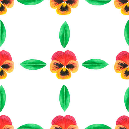 Seamless violet pattern. Orange pansies. watercolor illustration. isolated on a white background. For your design fabrics, packaging of cosmetic products, spring decoration, accessories, etc.の写真素材