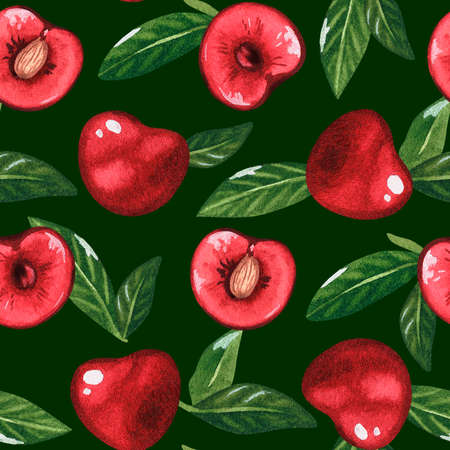 Cherry Seamless Pattern. watercolor illustration. Isolated on a green background. For your design...