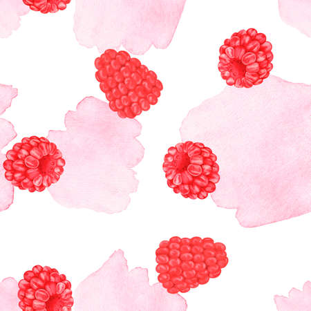 Raspberry seamless pattern. Watercolor illustration. Isolated on a white background. For design.の写真素材
