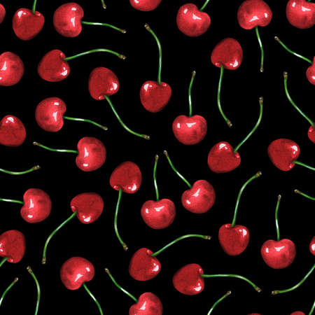 Cherry Seamless Pattern. watercolor illustration. Isolated on a black background. For your design fabrics, packaging paper, cookbooks, aprons, kitchen accessories, stickers, dishes, food packs.の写真素材