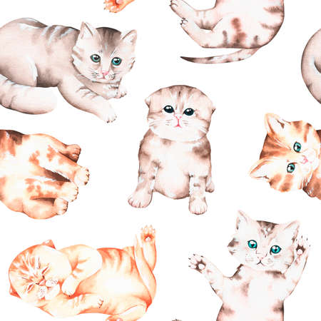 Kittens. Seamless pattern. Watercolor illustration. Isolated on a white background.の写真素材