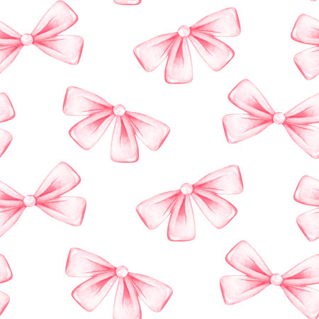 A pink ribbon bow. Seamless pattern. watercolor illustration. isolated on a white background. For your design greeting cards, gift wrapping, promotions.の写真素材