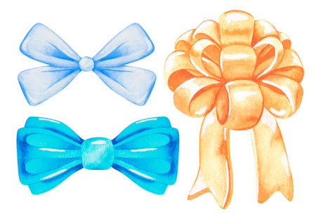 A set of blue and gold bows. round bow. watercolor illustration. isolated on a white background. For your design greeting cards, gift wrapping, promotions.の写真素材