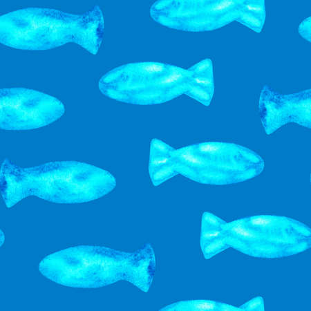 Seamless fish pattern. watercolor illustration. Isolated on a blue background. For your design clothing, packaging paper, pet products and animal feed.の写真素材