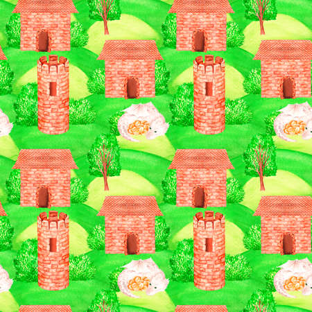 Seamless pattern. Castle on the hill and the dragon. watercolor illustration. isolated on a white background. For design of clothing, nursery interior items, book covers, illustrations of fairy tales.の写真素材