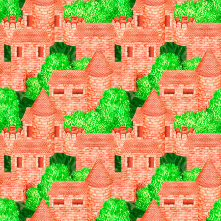 Seamless pattern. Brick house with a tree. watercolor illustration. isolated on a white background. For your design of nursery interior items, stationery, book covers, illustrations of fairy tales.の写真素材