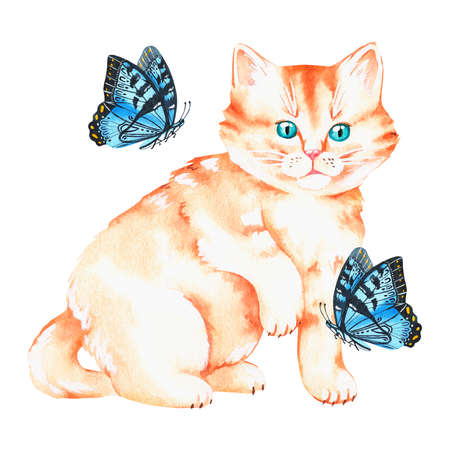 Red Cat with a butterfly. watercolor illustration. isolated on a white background. For your design birthday greeting cards, baby products, veterinary clinic advertisements, stickers, pet products.の写真素材