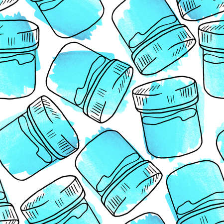 Seamless pattern jar of paint and watercolor stains. line art. isolated on a white background. For...