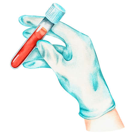 A gloved hand holds a test tube with blood. watercolor illustration. isolated on a white background....