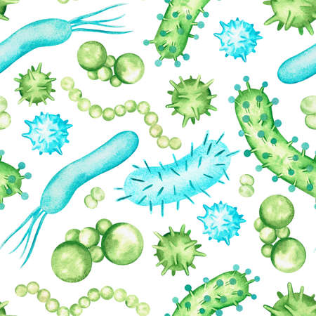Bacteria and viruses seamless pattern. Watercolor illustration. Isolated on a white background.の写真素材
