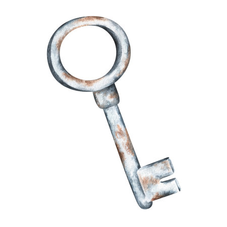 Rusty iron key. watercolor vintage illustration. Isolated on a white background.For your design stickers, stationery, logo, postcards.の写真素材
