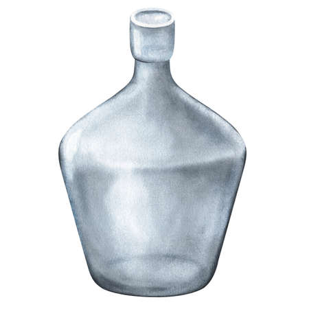 Transparent, gray empty wide glass bottle. watercolor vintage illustration. isolated on a white background. For your design packaging of kitchenware, blogs about ecology and recycling.の写真素材