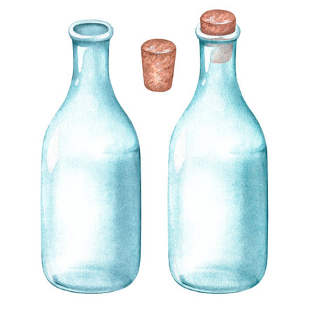 Transparent, blue empty wide glass bottle. watercolor vintage illustration. isolated on a white background. For your design packaging of kitchenware, blogs about ecology and recycling.の写真素材
