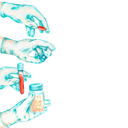 A gloved hand frame. Hands hold a pill, a test tube with blood, a jar of vitamins. watercolor illustration. Place for text. isolated on a white background. For design of medical materials etc.の写真素材