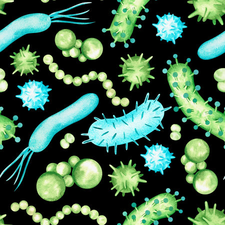 Bacteria and viruses seamless pattern. watercolor illustration. Isolated on a black background. For design of pharmacy products, educational medical materials, cleaning agents.の写真素材
