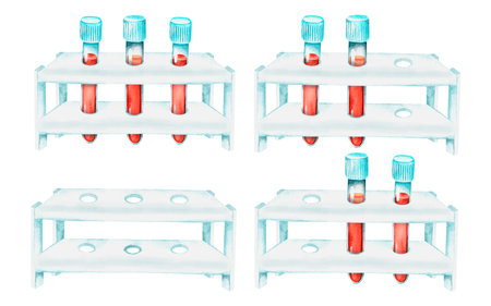 blood test. The test tubes are in the stand. watercolor illustration. isolated on a white...