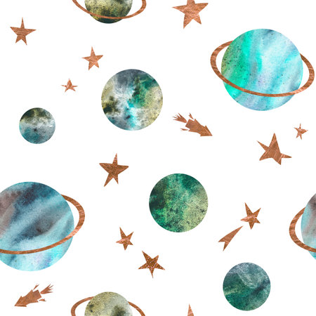 Space seamless pattern. Planets, saturn, stars, rocket. watercolor illustration. isolated on a white background. For design bed linen, wrapping paper, clothes.の写真素材