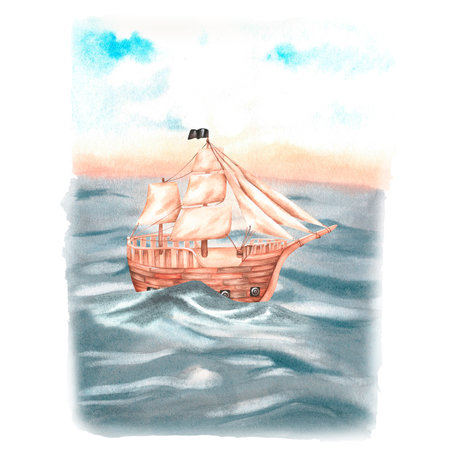 Pirate ship at sea. Watercolor illustration. Isolated on a white background.の写真素材