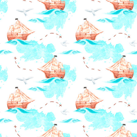 Seamless pattern ship in the sea and seagulls. pirate ship. watercolor illustration. isolated on a white background. For design fabrics, children's clothing, wrapping paper, etc.の写真素材