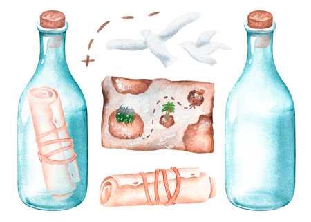 pirate set. A letter in a bottle, a treasure map, an empty bottle, a roll of papyrus, seagulls. watercolor illustration. isolated on a white background. For the design of pirate holiday decorations.の写真素材