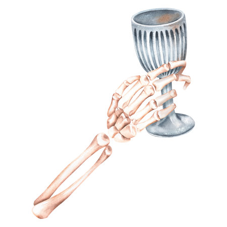 A skeleton hand holds an iron drinking goblet. Wrist and radius, ulna. watercolor illustration. isolated on a white background. For design halloween decorations, stickers, prints.の写真素材