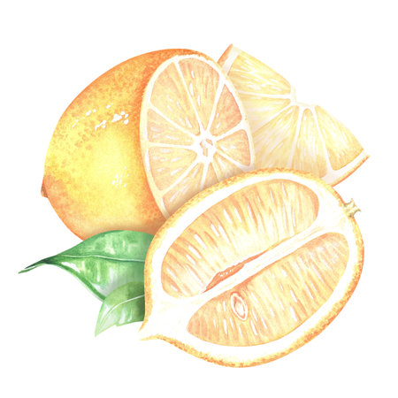 Composition with lemon slices. Sliced fruit. Watercolor illustration. Isolated on a white background. For design nature prints, kitchen accessories, product packaging with citrus acid or scentの写真素材