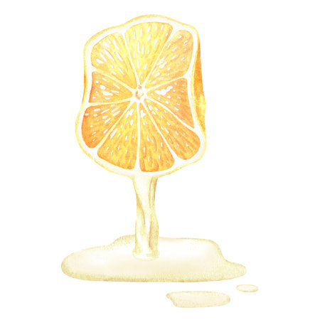 Squeezed lemon with juice flowing from it. Watercolor illustration. Isolated on a white background. For your design recipes, kitchen utensils, product packaging with citrus acid or scentの写真素材