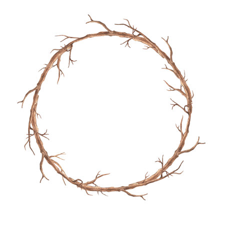 Wreath of brown branches. Watercolor illustration. Isolated on a white background. Place for text or inscription. For rustic print design, eco friendly packaging, easter cards, vintage stickersの写真素材