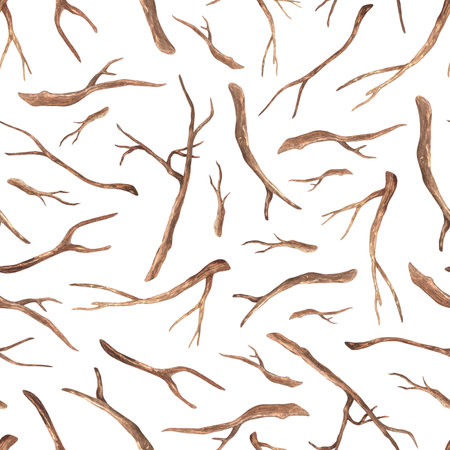 Seamless pattern with brown twigs. Watercolor illustration. Separate branches of a tree. Isolated on a white background. For rustic print design, fabrics, wrapping paperの写真素材