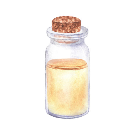Watercolor illustration. Small glass bottle of essential oil with cork stopper. Isolated on a white background. Oil from sage flowers, etc. Blank for text.For the design of cosmetic brochures, labelsの写真素材