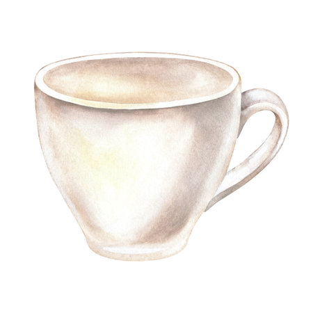 Empty white mug for tea or coffee. Watercolor illustration. Hand drawn crockery. Isolated tableware on a white background. Vase cup for flower arrangements. For menu design of restaurants, cafesの写真素材