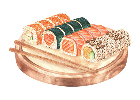 Set of sushi rolls. Watercolor illustration. Rice nigiri with salmon, caviar, vegetables, shrimp. A dish of Japanese national cuisine. Clip art isolated on a white background. Food on a wooden plateの写真素材
