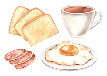 Breakfast food set. Tea, coffee, fried egg, sausage, cheese, bread. Watercolor illustration. Hand drawn Clip art isolated on a white background. Morning meal. For prints of dishes, kitchen utensilsの写真素材