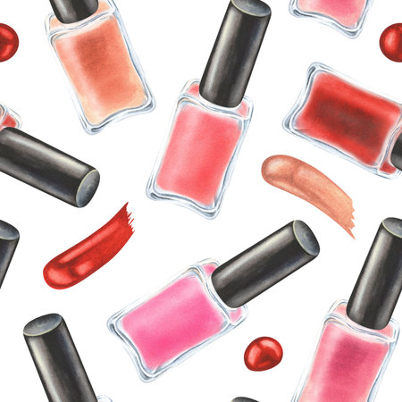 Seamless pattern nail polish. Watercolor illustration. Isolated on a white background. For the design of cosmetic bags, the form of work of beauty salons, the packaging of orders for cosmetic storesの写真素材