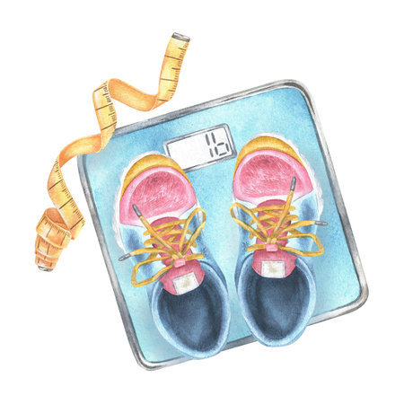 Scales with tape measure and sneakers. Watercolor illustration of weighing to control Weight Loss. Hand drawn on white isolated background. Drawing of female fitness and sports for icon.の写真素材