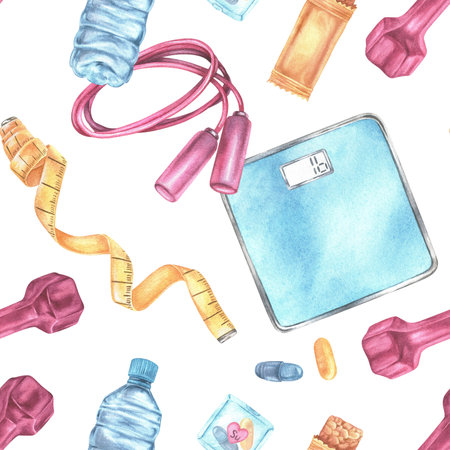 Fitness exercise equipment seamless pattern. Watercolor illustration of sports accessory. Hand drawn training tools on white background. Ornament for womens health and weight loss clubsの写真素材