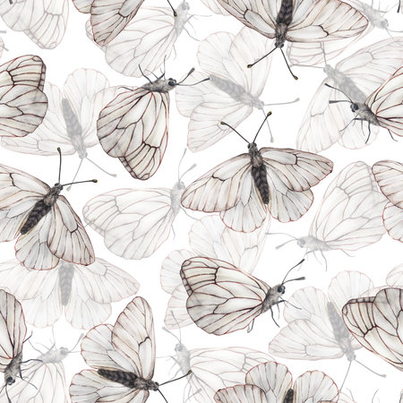White Butterfly seamless pattern. Hand drawn Watercolor illustration on isolated background. Vintage wrapping paper with wing ornament. For the design of textiles or wallpaper for the childrens roomの写真素材
