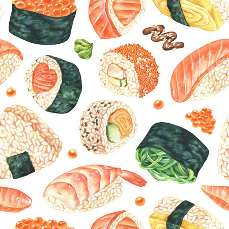 Sushi seamless pattern. Watercolor illustration of Japanese food. Hand drawn nigiri maki isolated on a white background. Drawing of Asian cuisine for kitchen textile and restaurant menusの写真素材
