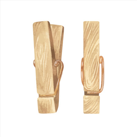 Clothespin Vector illustration. Hand drawn graphic clip art of peg on white isolated background. Watercolor drawing of wooden clothesline. Sketch of clothes pin setのイラスト素材