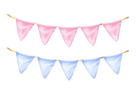 Garland vector illustration. Hand drawn clip art of pennant on isolated background. Watercolor drawing of pink and blue party flags. Painting of festoon in pastel colors. Sketch of birthday buntingのイラスト素材