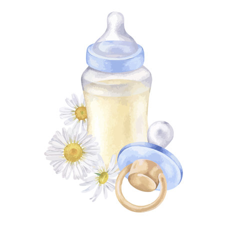 Baby milk bottle and Pacifier vector illustration. Hand drawn pastel blue kids things on isolated background. Watercolor drawing of food for a newborn boy. Designed to print for expectant parentsのイラスト素材