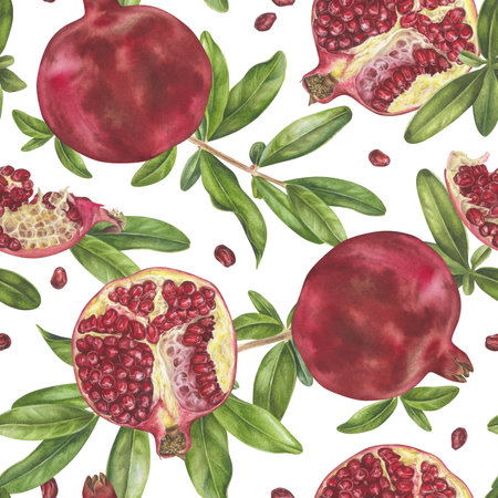 Pomegranate seamless Pattern. Watercolor botanical illustration of red Fruit and leaves. Hand drawn repeating ornament on isolated white background. Drawing of garnet for kitchen textiles and fabricsの写真素材