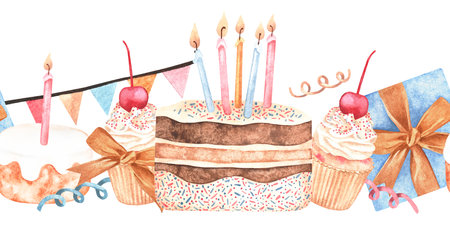 Baby Birthday seamless Border. Watercolor illustration of cake with candles. Hand drawn on isolated background. Drawing of kid boho party pattern. Painting of template frame for card and invitationの写真素材