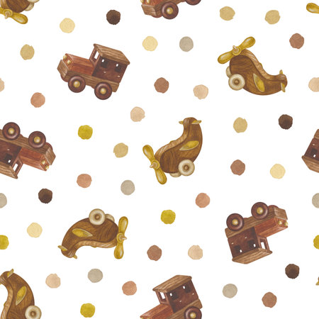 Baby Toys seamless Pattern. Watercolor illustration of kids Cars and Airplanes. Hand drawn on white isolated background. Drawing of boy print. Painting of cute cartoon ornament for fabric, bed linenの写真素材