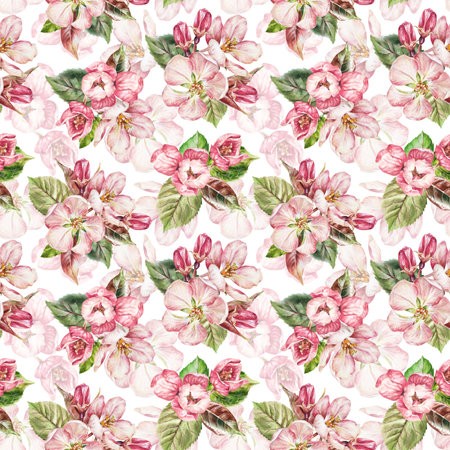 Watercolor Floral seamless Pattern. Cute spring Flowers. Blooming tree branches on a white Background. Painting of Pink apple and cherry blossom. Hand drawn sakura for paper and fabric designの写真素材