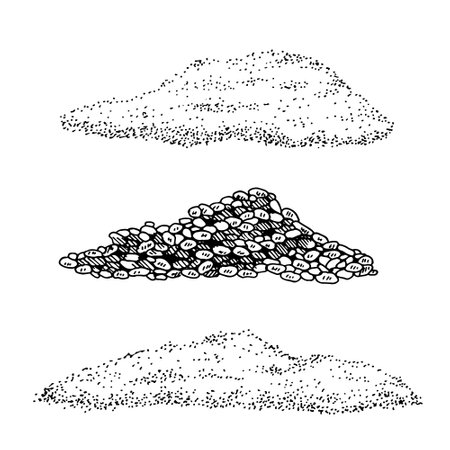 Sand pile Vector line art. Outline set of grit and rock. Hand drawn black and white graphic clipart. Linear drawing on isolated background. Under water texture illustration. Sea bottom sketchのイラスト素材
