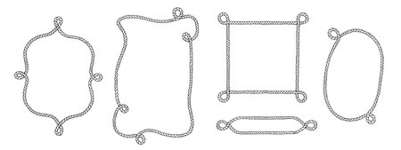 Rope Frame Border vector Set. Vintage line art with changeable background color. Linear drawing of rectangular and oval shaped wreath. Square lasso with corner loops. Black and white outline graphicのイラスト素材