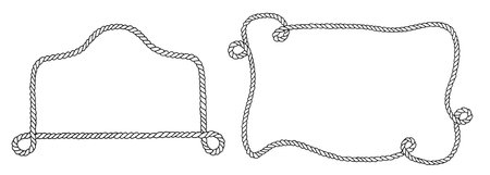 Rope Frame Border Vector set. Vintage line art with background. Linear drawing of rectangular shaped wreath. Corner cord cadre. Outline black and white design element for cards and stickersのイラスト素材