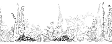 Sea Bottom Vector seamless Border. Hand drawn undersea background. Black and white line art drawing of coral reef with seaweed. Outline illustration of underwater beach. For the design of framesのイラスト素材