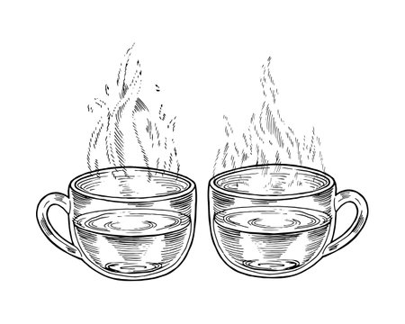 Two glass Cups with hot Tea. Vector outline illustration. Drink in transparent mug sketch drawing. Water with steam black line art. Clipart for vintage prints and logos of coffee shops and cafesのイラスト素材